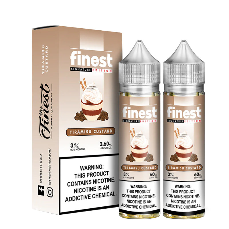 A box of Tiramisu Custard Finest Signature with a warning sign and two 60ml bottles next to it - Vaper Corner