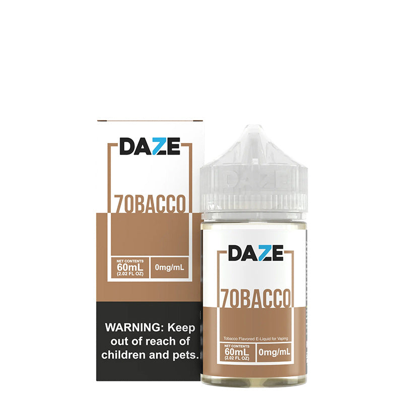 A box of Tobacco 7 Daze TFN eLiquid with a warning sign and a 60ml bottle next to it - Vaper Corner