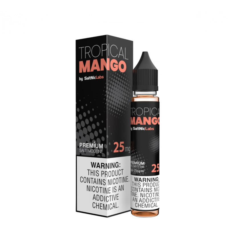 A box of Tropical Mango VGOD SaltNic with a warning sign and a 30ml bottle next to it - Vaper Corner