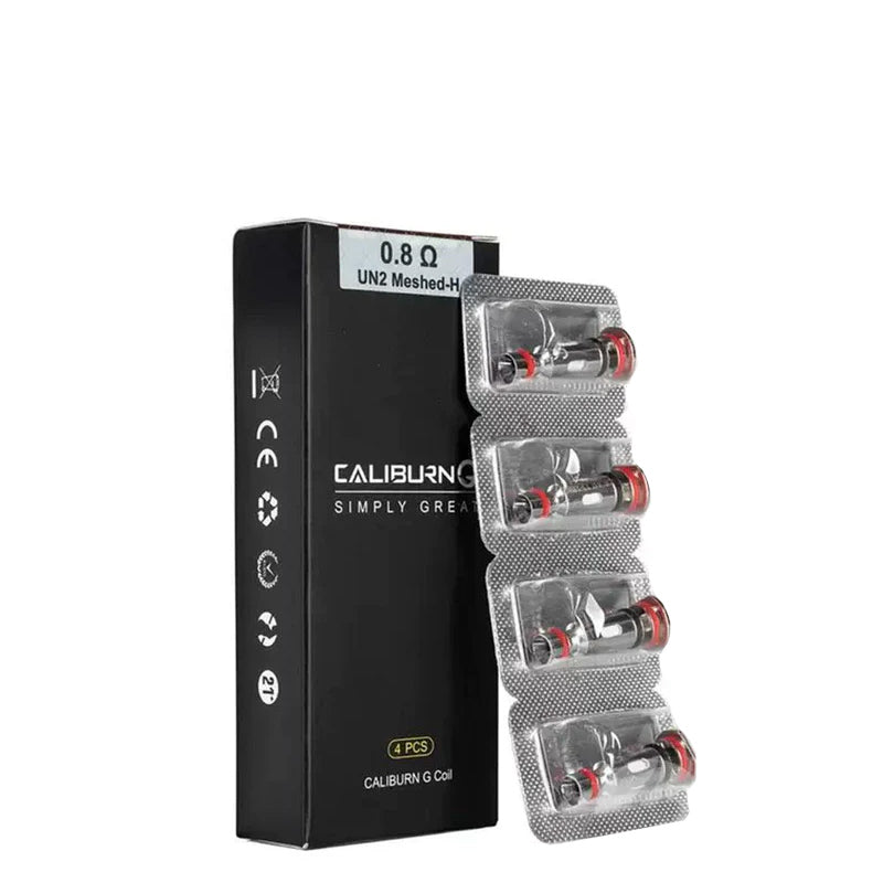 A box of UWELL Caliburn G Replacement Coils and a pack of four coils next to it - Vaper Corner