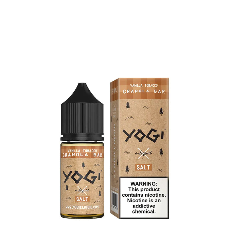 A 30ml bottle of Vanilla Tobacco Granola Bar YOGI Salts and a box with a warning sign next to it - Vaper Corner