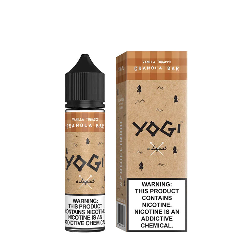 A 60ml bottle of Vanilla Tobacco Granola Bar YOGI eLiquid and a box with a warning sign next to it - Vaper Corner