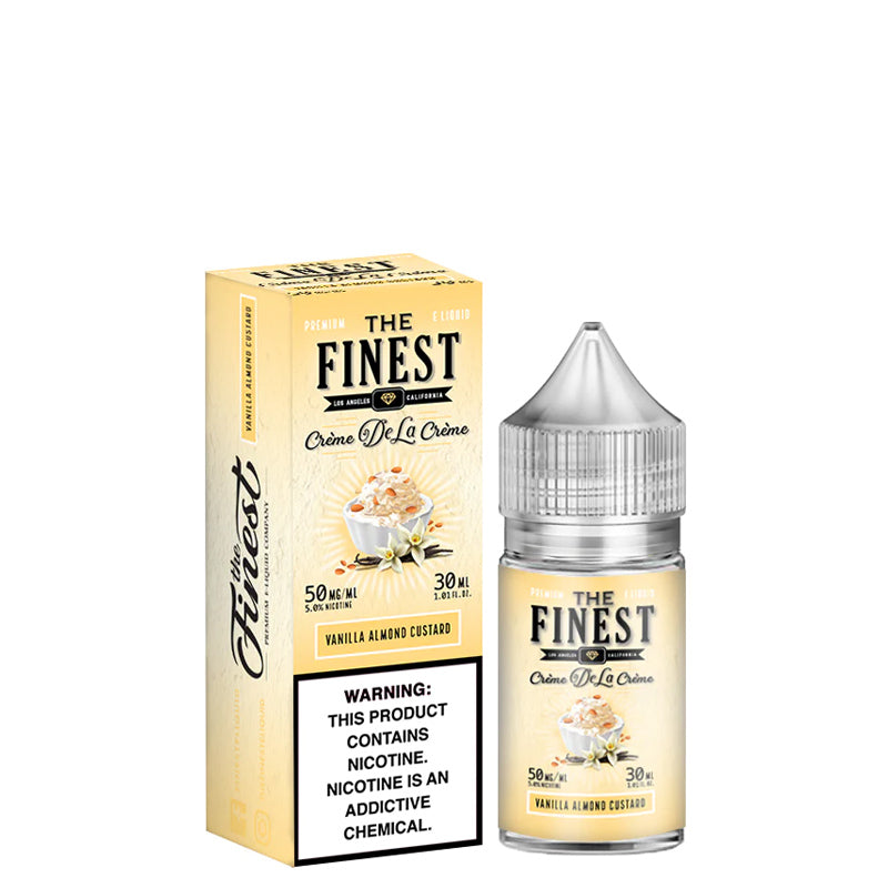 A box of Vanilla Almond Custard Finest SaltNic Series with a warning sign and a 30ml bottle next to it - Vaper Corner