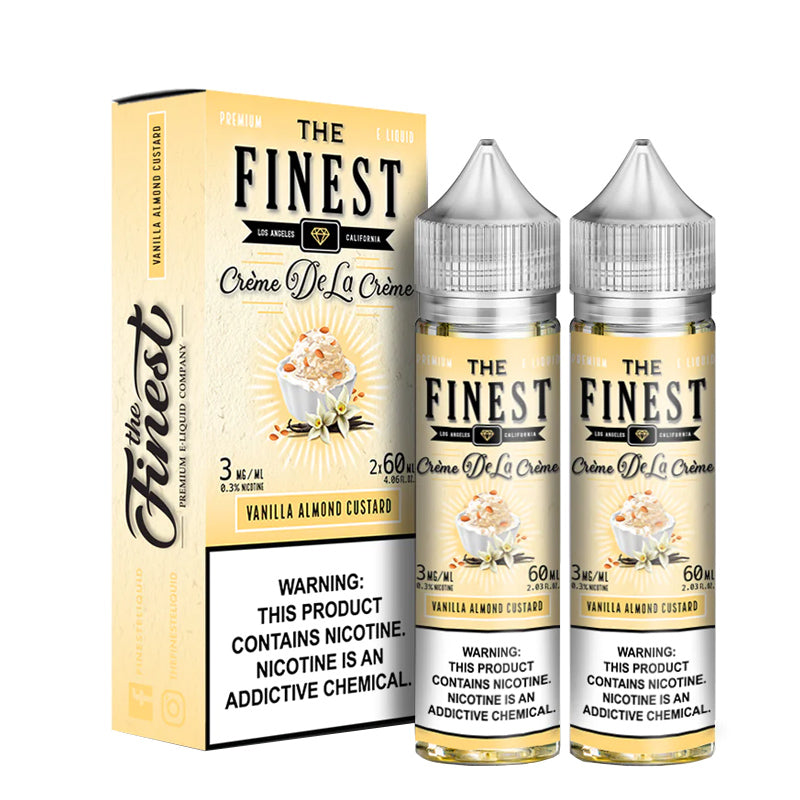 A box of Vanilla Almond Custard Finest eLiquid with a warning sign and two 60ml bottles next to it - Vaper Corner