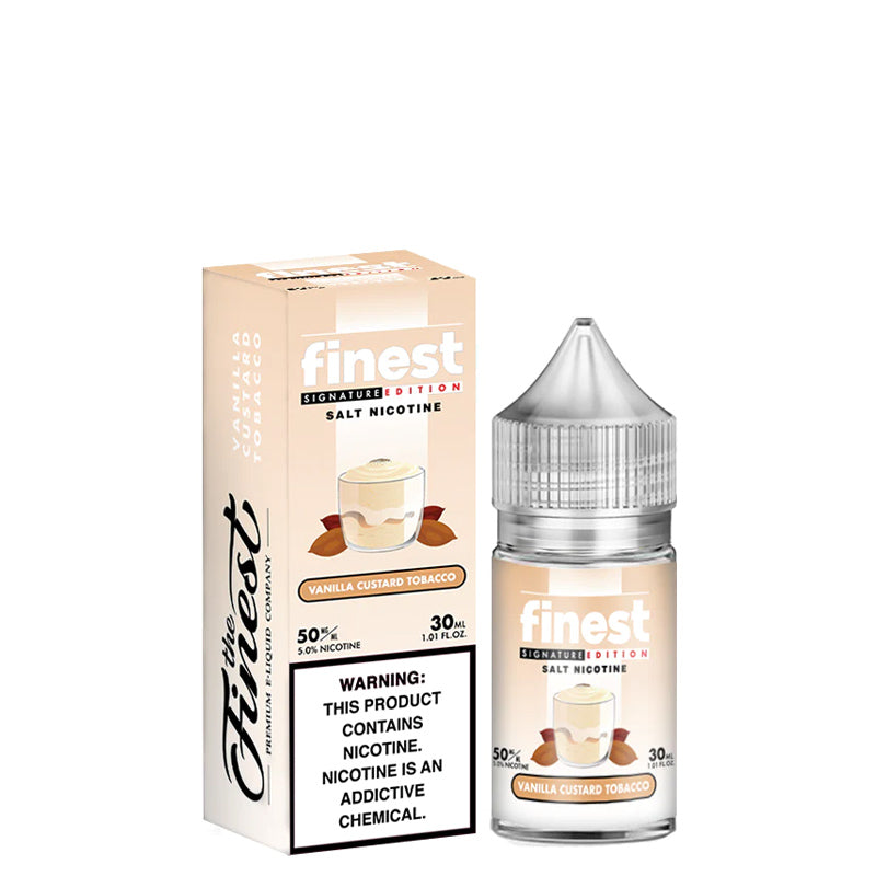 A box of V.C.T. Finest SaltNic Series with a warning sign and a 30ml bottle next to it - Vaper Corner