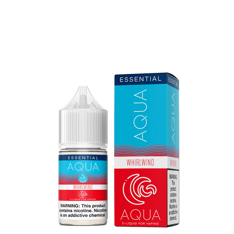 A 30ml bottle of WHIRLWIND AQUA Synthetic Salts with a warning sign and a box next to it - Vaper Corner