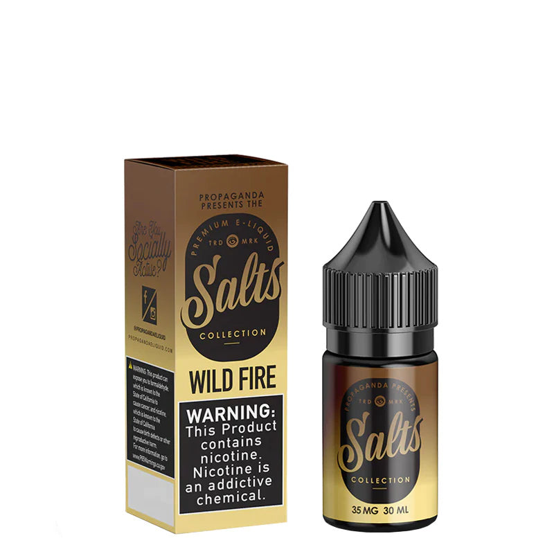 A box of Wild Fire Propaganda Salts with a warning sign and a 30ml bottle next to it - Vaper Corner