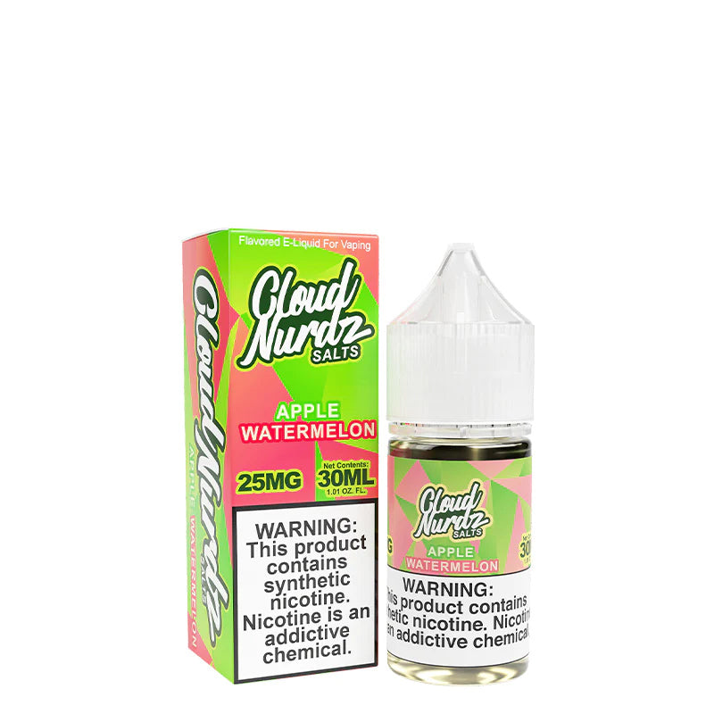 A box of Watermelon Apple TFN Salts Cloud Nurdz with a warning sign and a 30ml bottle next to it - Vaper Corner