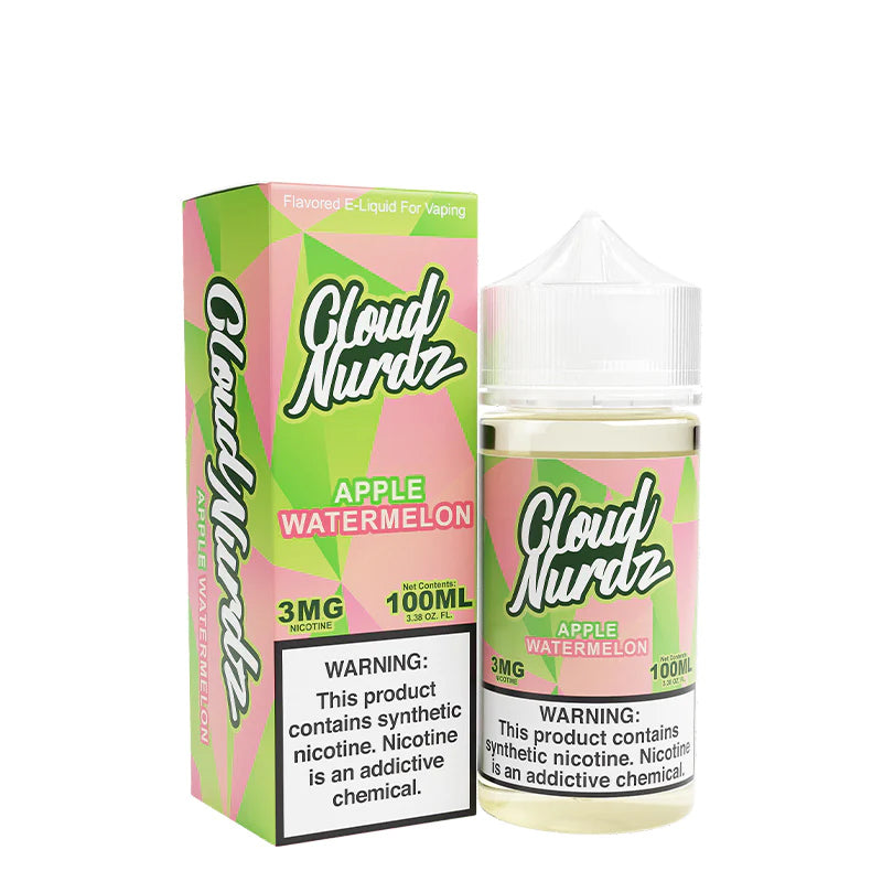 A box of Watermelon Apple TFN Cloud Nurdz with a warning sign and a 100ml bottle next to it - Vaper Corner