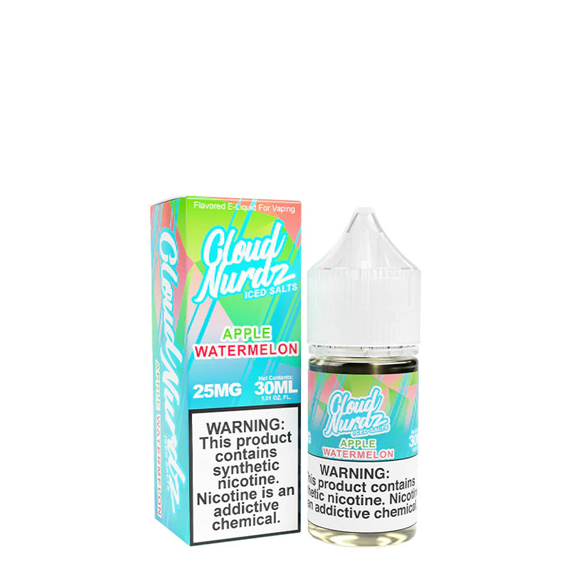 A box of Watermelon Apple ICED TFN Salts Cloud Nurdz with a warning sign and a 30ml bottle next to it - Vaper Corner