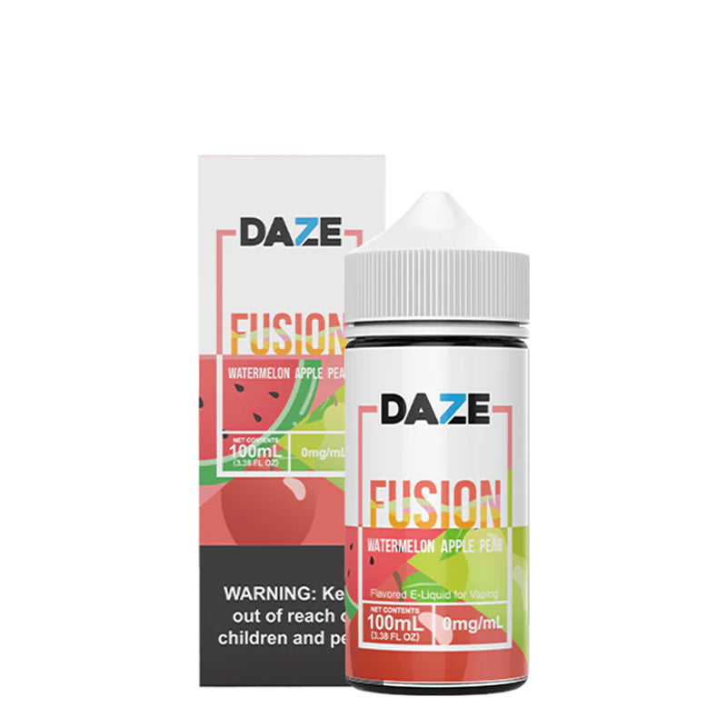 A box of Watermelon Apple Pear 7 Daze Fusion with a warning sign and a 100ml bottle next to it - Vaper Corner