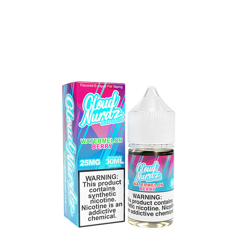 A box of Watermelon Berry ICED TFN Salts Cloud Nurdz with a warning sign and a 30ml bottle next to it - Vaper Corner