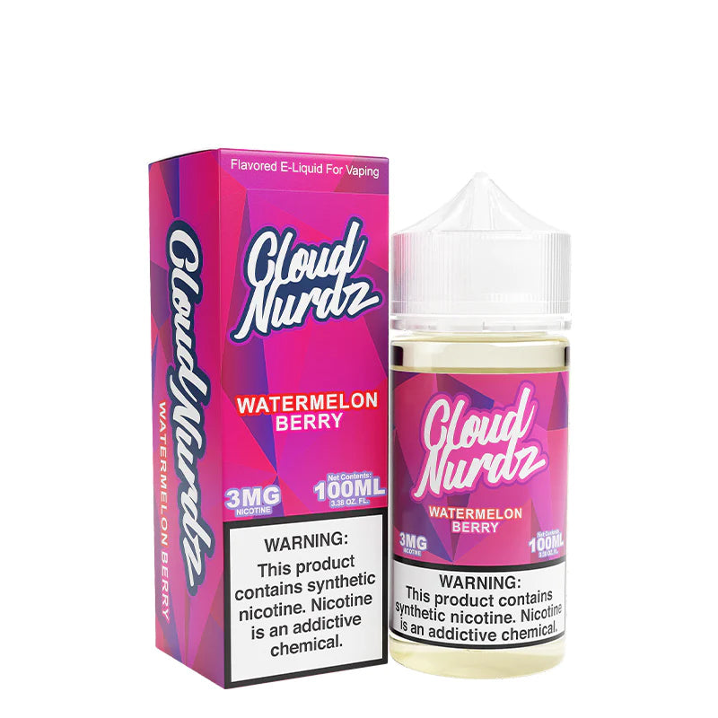 A box of Watermelon Berry TFN Cloud Nurdz with a warning sign and a 100ml bottle next to it - Vaper Corner