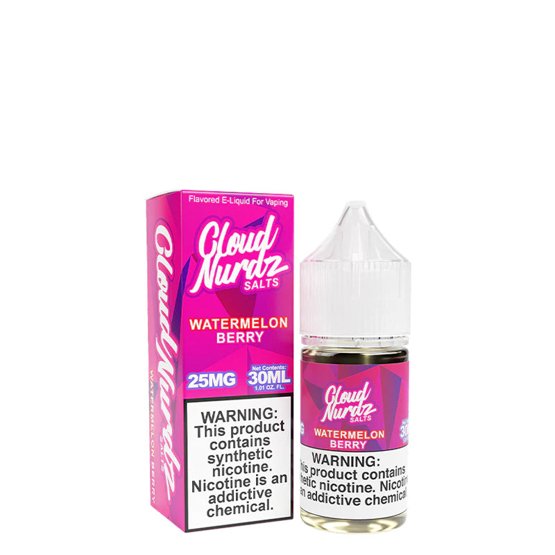 A box of Watermelon Berry TFN Salts Cloud Nurdz with a warning sign and a 30ml bottle next to it - Vaper Corner