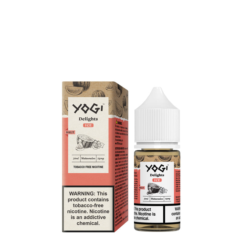 A box of Watermelon Ice YOGI Delights Salt with a warning sign and a 30ml bottle next to it - Vaper Corner