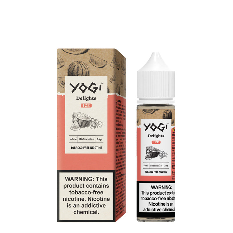 A box of Watermelon Ice YOGI Delights with a warning sign and a 60ml bottle next to it - Vaper Corner