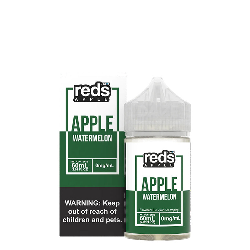 A box of IWatermelon Reds Apple eJuice with a warning sign and a 60ml bottle next to it - Vaper Corner