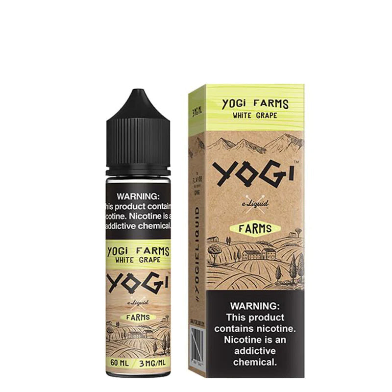 A 60ml bottle of White Grape YOGI Farms eLiquid and a box with a warning sign next to it - Vaper Corner