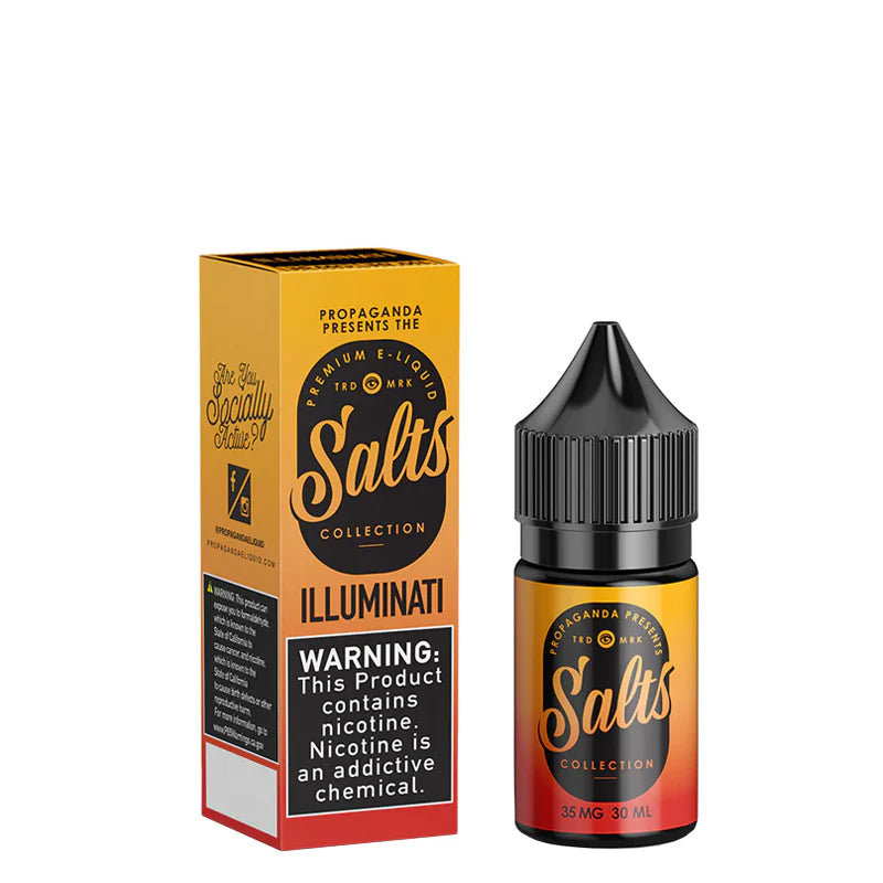 A box of iLLUMINATi Propaganda Salts with a warning sign and a 30ml bottle next to it - Vaper Corner