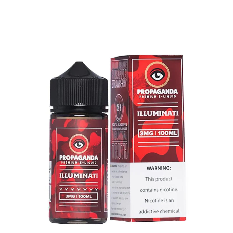 A 100ml bottle of iLLUMINATi Propaganda eLiquid and a box with a warning sign next to it - Vaper Corner