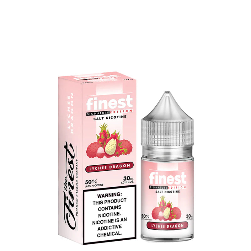 A box of Lychee Dragon Finest SaltNic Series with a warning sign and a 30ml bottle next to it - Vaper Corner