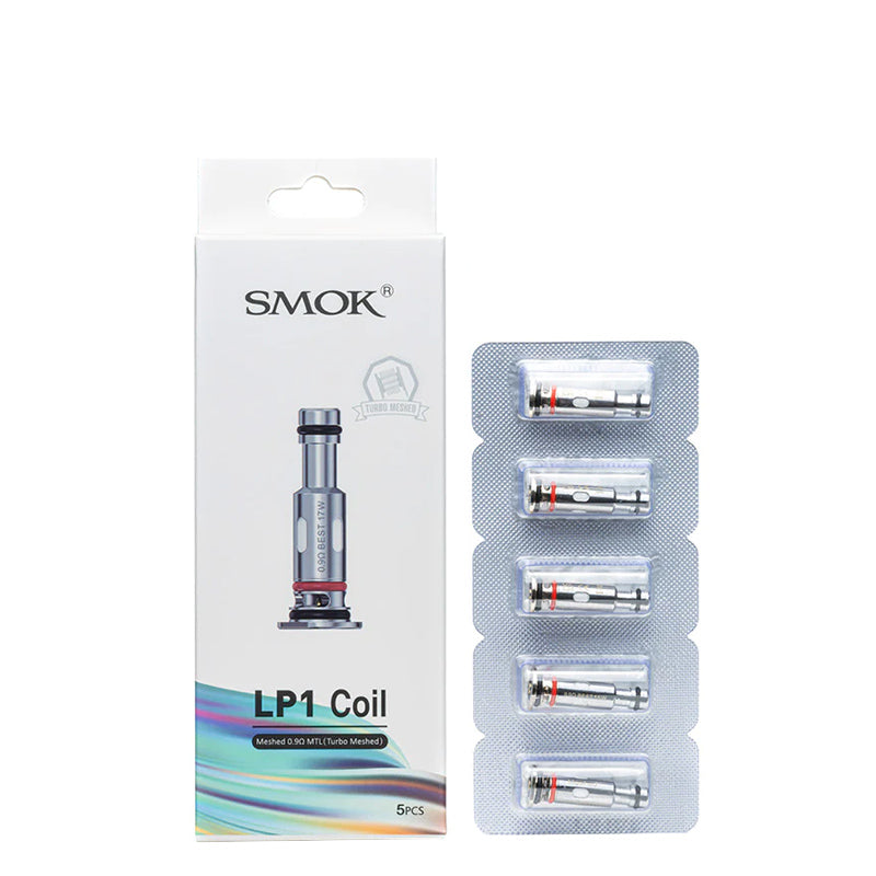 A box of SMOK LP1 Replacement Coils 0.9 ohm MTL (Turbo Mashed) and a pack of five coils next to it - Vaper Corner