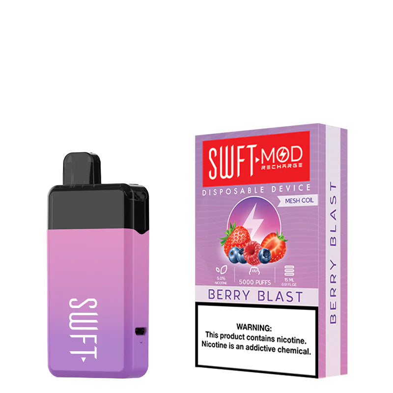 Berry Blast SWFT Mod 5000 Disposable and a box with a warning sign next to it - Vaper Corner