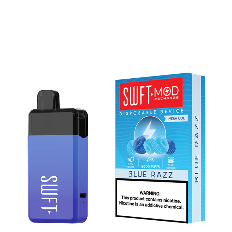 Blue Razz SWFT Mod 5000 Disposable and a box with a warning sign next to it - Vaper Corner