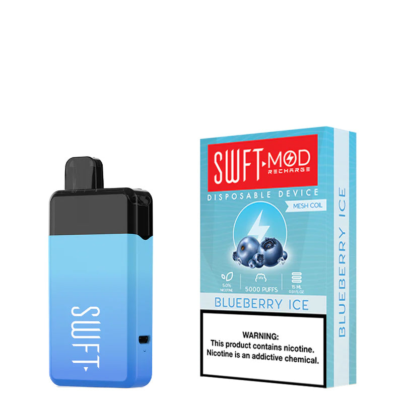 Blueberry Ice SWFT Mod 5000 Disposable and a box with a warning sign next to it - Vaper Corner