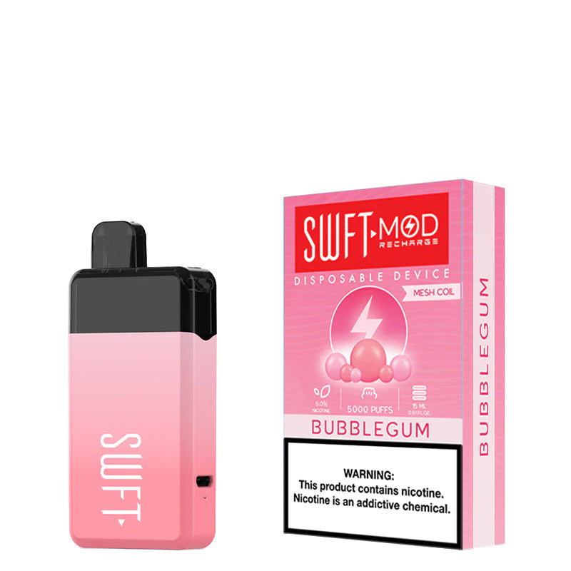 Bubblegum SWFT Mod 5000 Disposable and a box with a warning sign next to it - Vaper Corner