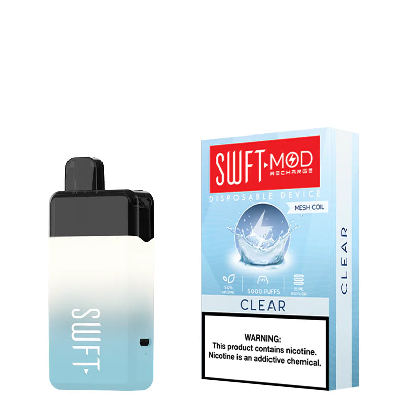 Clear SWFT Mod 5000 Disposable and a box with a warning sign next to it - Vaper Corner