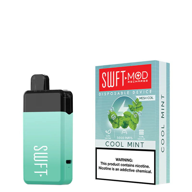 Cool Mint SWFT Mod 5000 Disposable and a box with a warning sign next to it - Vaper Corner