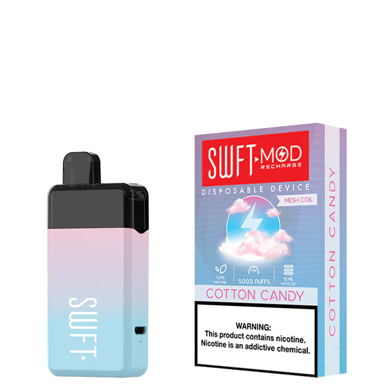 Cotton Candy SWFT Mod 5000 Disposable and a box with a warning sign next to it - Vaper Corner