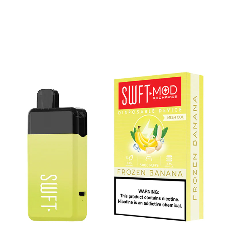 Frozen Banana SWFT Mod 5000 Disposable and a box with a warning sign next to it - Vaper Corner