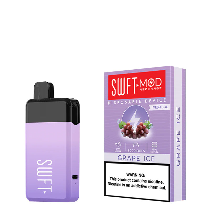 Grape Ice SWFT Mod 5000 Disposable and a box with a warning sign next to it - Vaper Corner