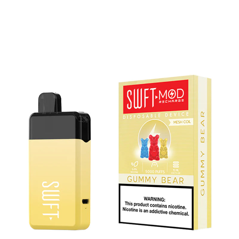 Gummy Bear SWFT Mod 5000 Disposable and a box with a warning sign next to it - Vaper Corner