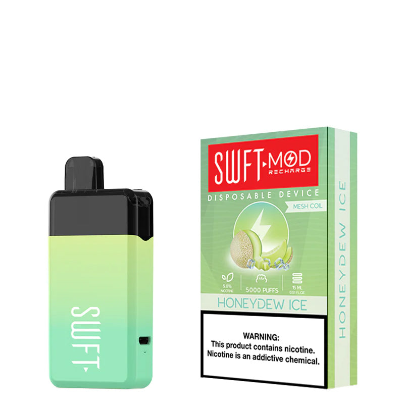 Honeydew Ice SWFT Mod 5000 Disposable and a box with a warning sign next to it - Vaper Corner