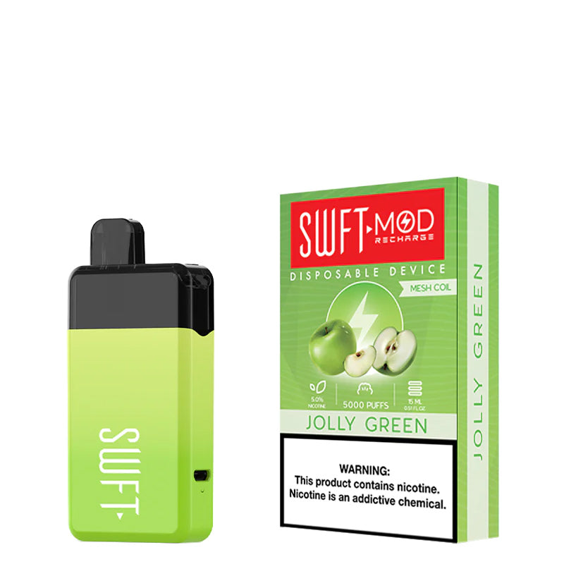 Jolly Green SWFT Mod 5000 Disposable and a box with a warning sign next to it - Vaper Corner