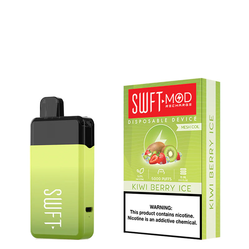 Kiwi Berry Ice SWFT Mod 5000 Disposable and a box with a warning sign next to it - Vaper Corner