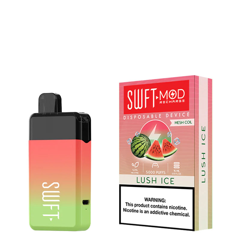 Lush Ice SWFT Mod 5000 Disposable and a box with a warning sign next to it - Vaper Corner