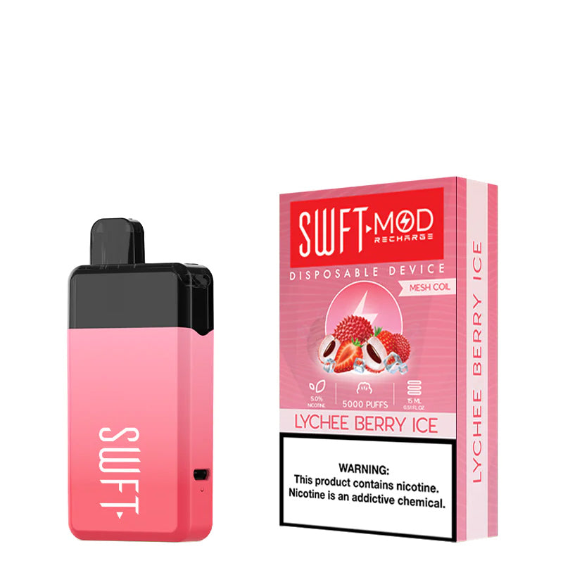 Lychee Berry Ice SWFT Mod 5000 Disposable and a box with a warning sign next to it - Vaper Corner