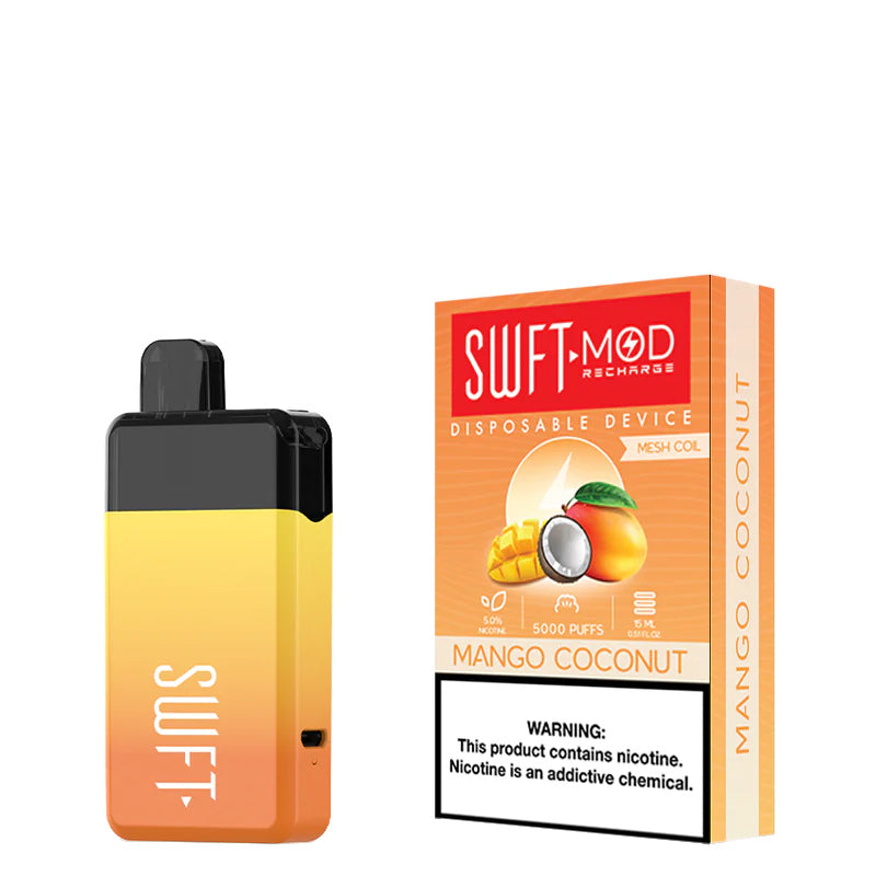 Mango Coconut SWFT Mod 5000 Disposable and a box with a warning sign next to it - Vaper Corner