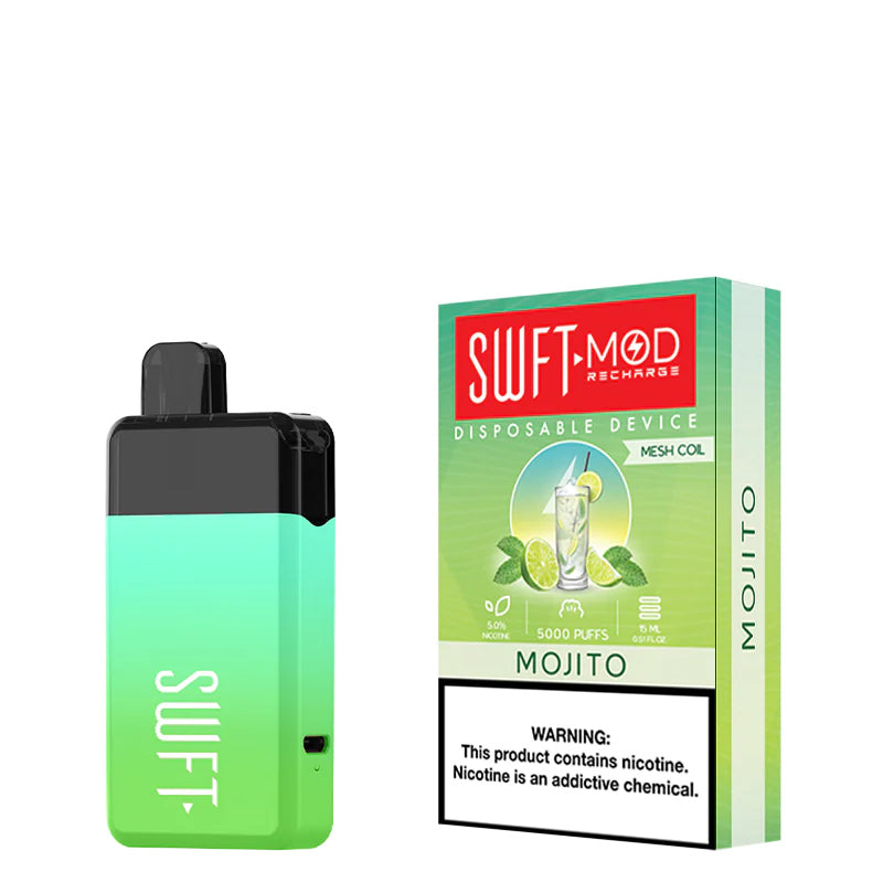 Mojito SWFT Mod 5000 Disposable and a box with a warning sign next to it - Vaper Corner