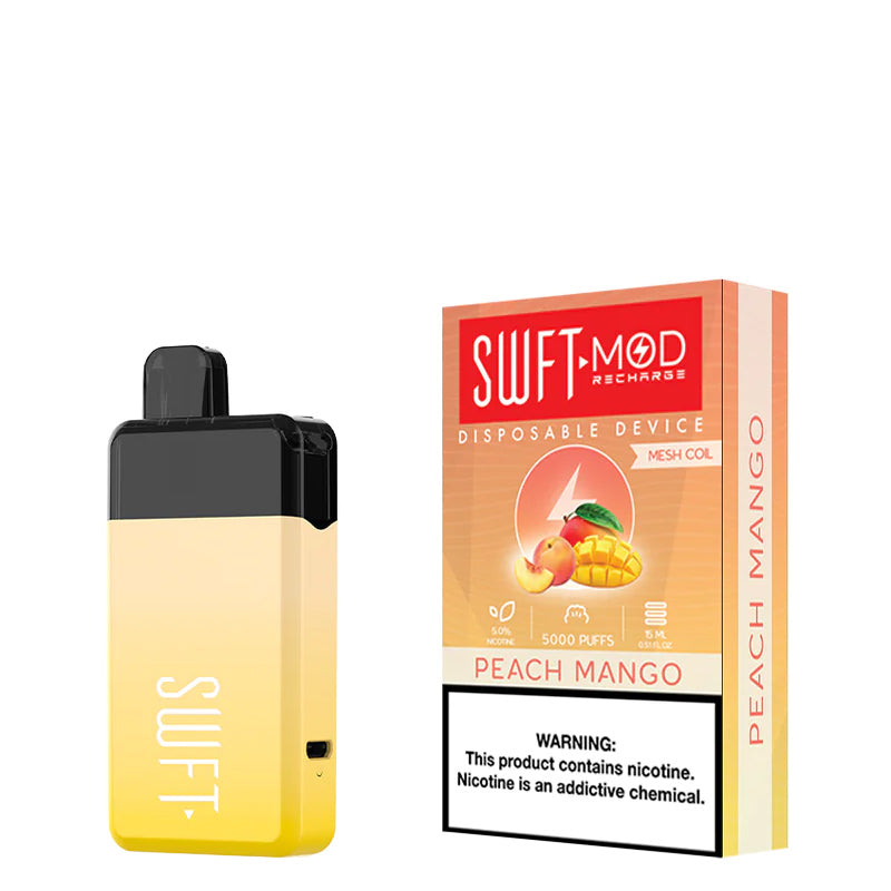 Peach Mango SWFT Mod 5000 Disposable and a box with a warning sign next to it - Vaper Corner