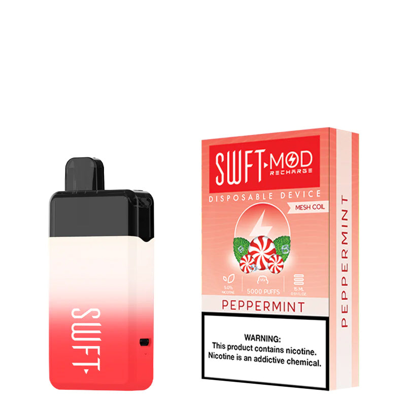 Peppermint SWFT Mod 5000 Disposable and a box with a warning sign next to it - Vaper Corner