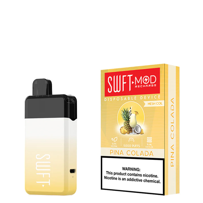 Pina Colada SWFT Mod 5000 Disposable and a box with a warning sign next to it - Vaper Corner