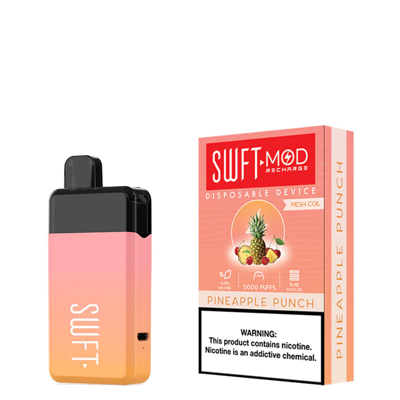 Pineapple Punch SWFT Mod 5000 Disposable and a box with a warning sign next to it - Vaper Corner