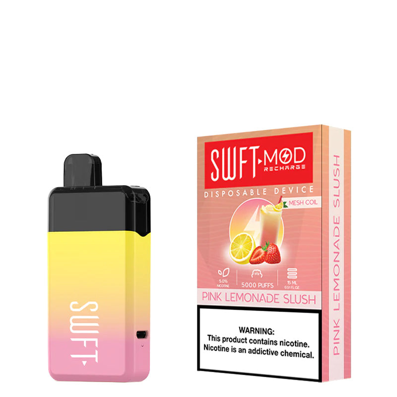 Pink Lemonade Slush SWFT Mod 5000 Disposable and a box with a warning sign next to it - Vaper Corner