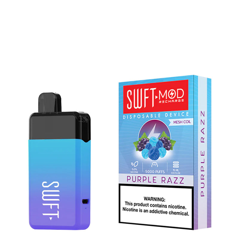 Purple Razz SWFT Mod 5000 Disposable and a box with a warning sign next to it - Vaper Corner