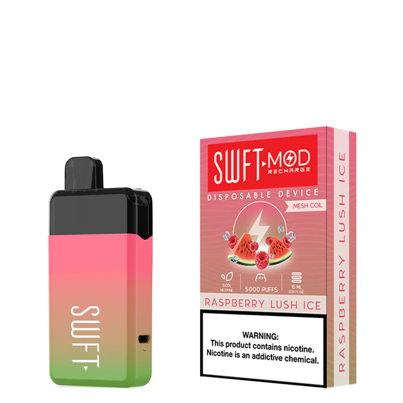 Raspberry Lush Ice SWFT Mod 5000 Disposable and a box with a warning sign next to it - Vaper Corner